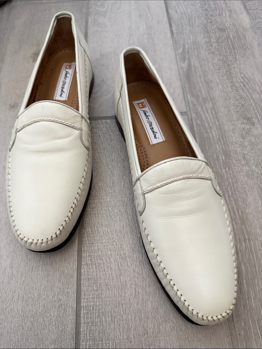 Sandro Moscoloni Men's Ivory Leather Slip-On Loafers--Summer Shoes -Resort